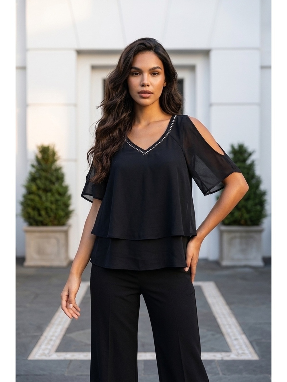 Juicy Couture Black Cold Shoulder Layered Blouse with Pearl Embellished V-Neck,